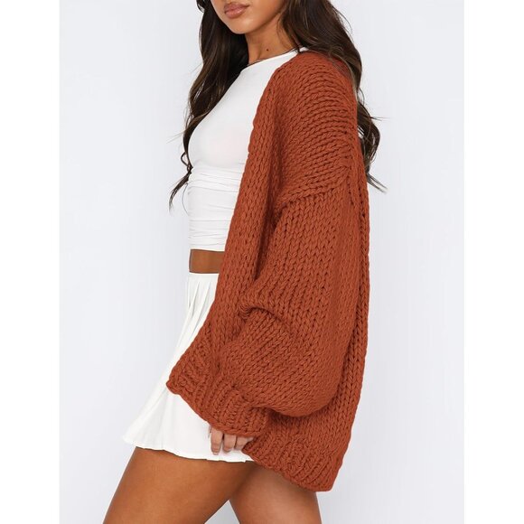 Womens Trendy Cardigan Sweaters Rust Red Long Sleeve Chunky Knit Outfits - Picture 4 of 8